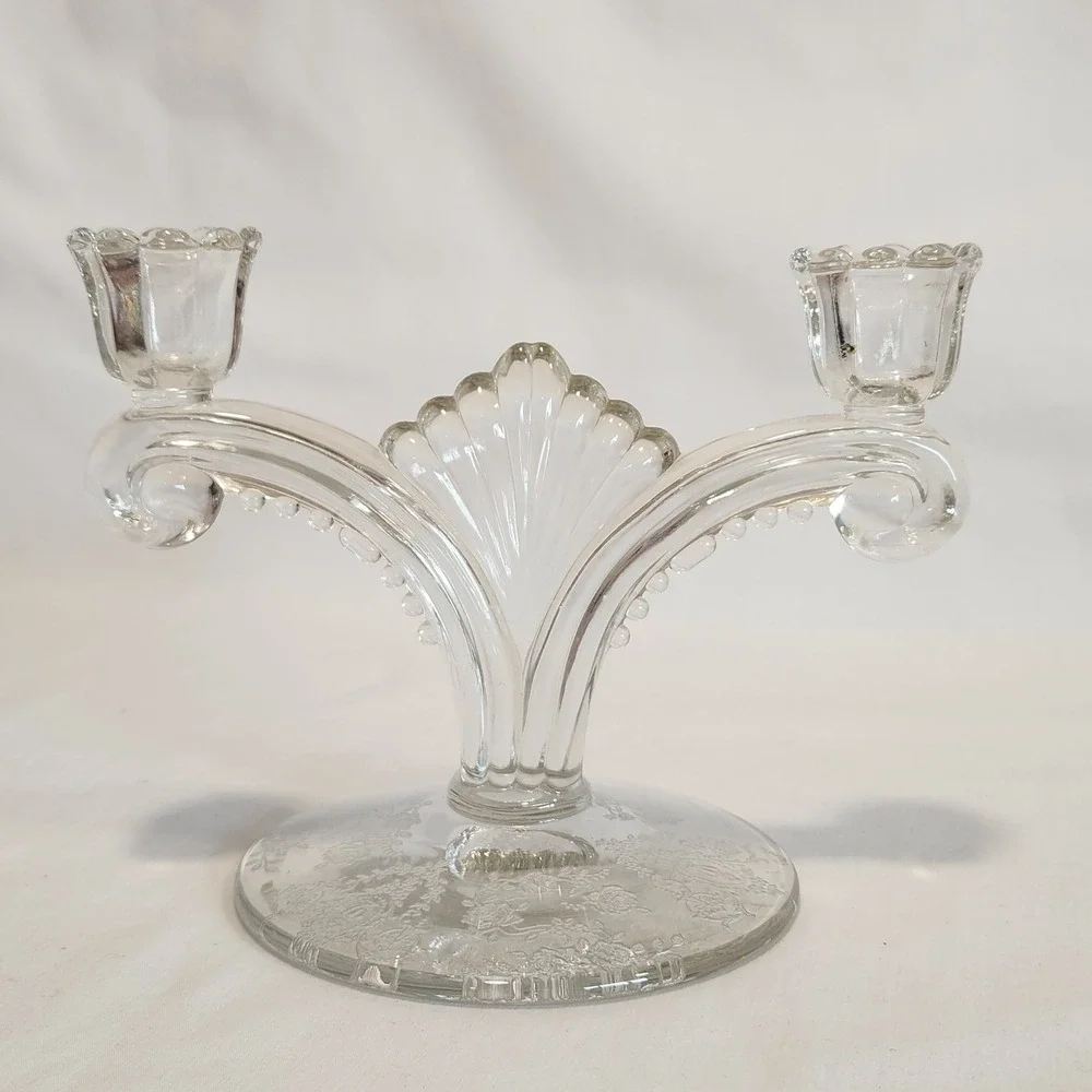 Tiffin Franciscan Cherokee Rose Etched Double Candleholder‎ Taper GORGEOUS!